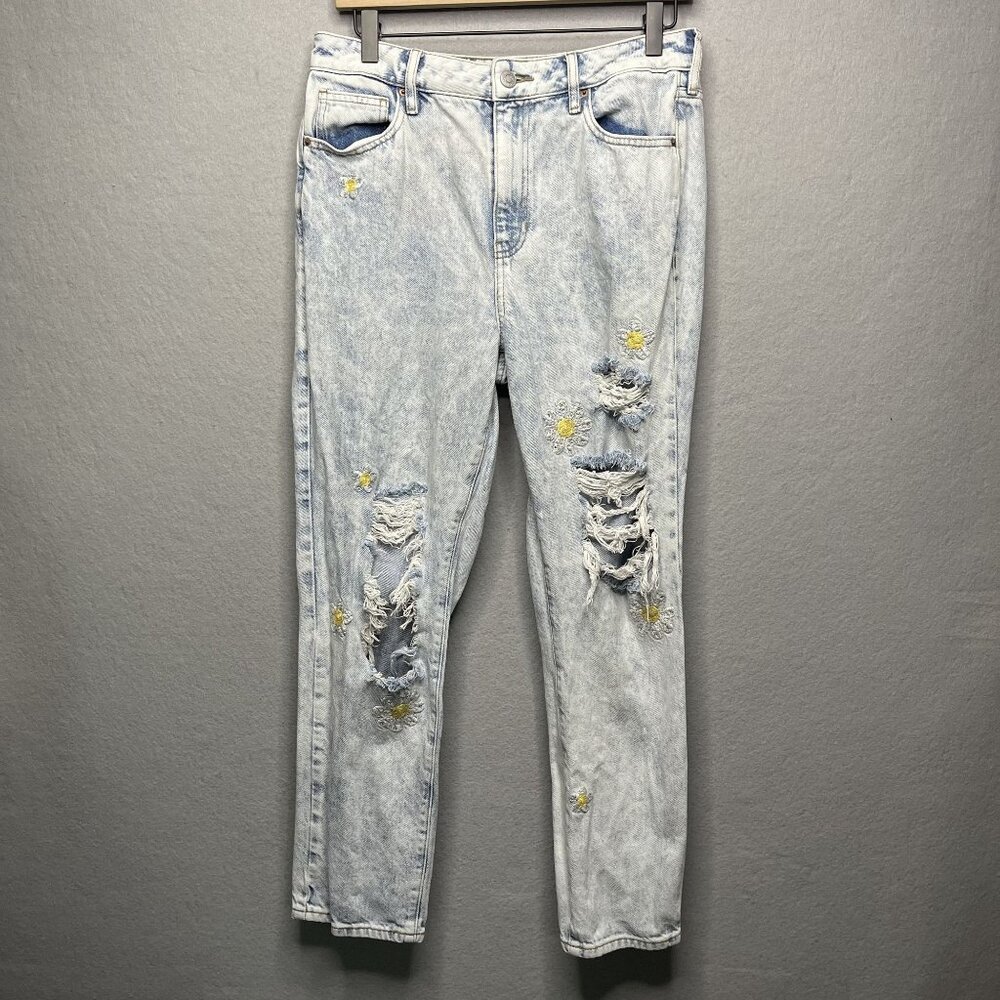 PacSun Womens 28 Mom Jeans Distressed Light Wash Daisy Embroidery